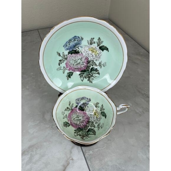 Paragon Double Warrant Teacup & Saucer Chrysanthemum Mums Mint Green A1591 - Picture 8 of 13